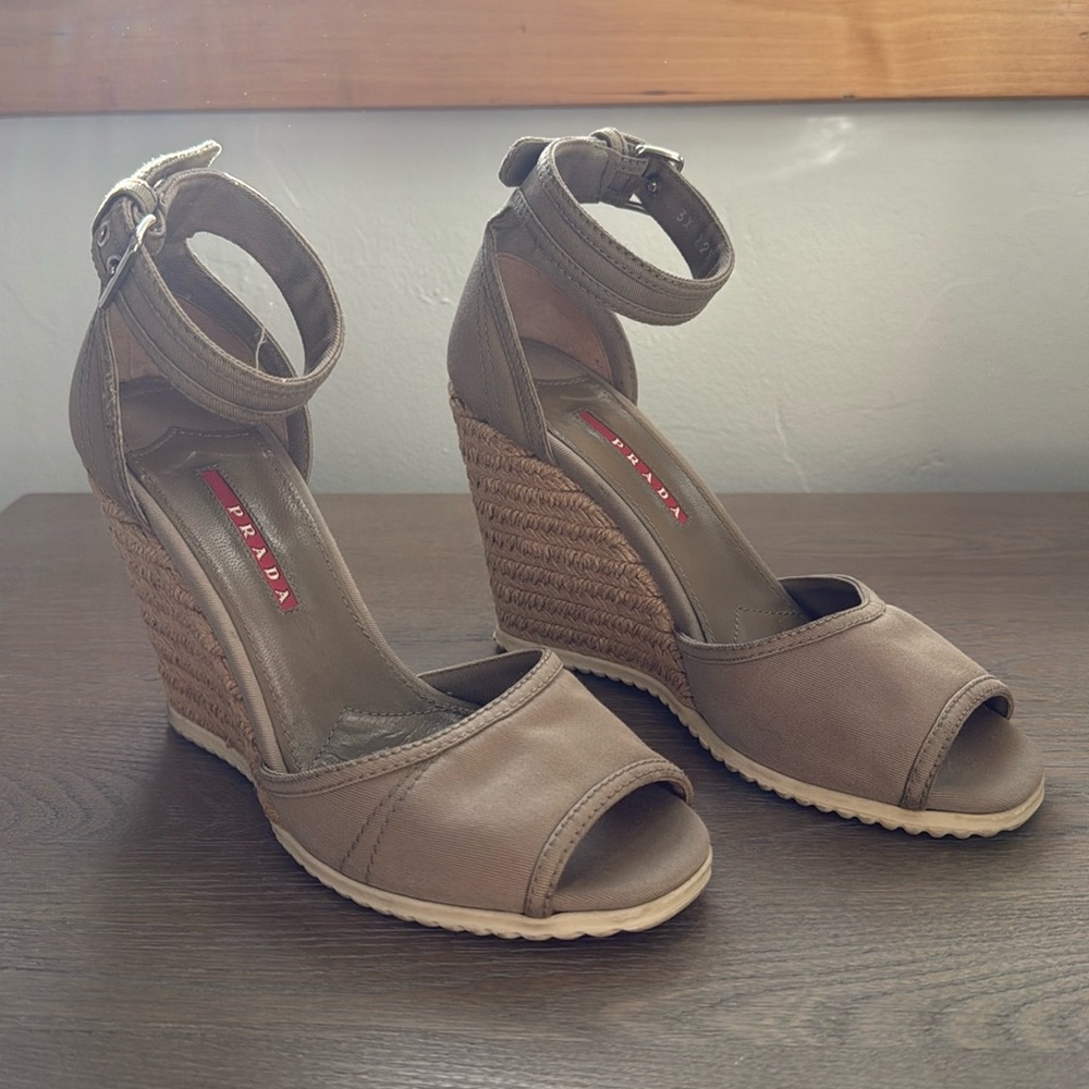 Authentic Prada size 37 canvas and seisel peep toe Mary Jane wedge sandal.